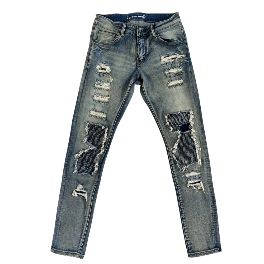 Crysp Denim Men's‎ Distressed Ripped Patch Jeans Sz 28 Blue 28x31 Moto Fit Biker